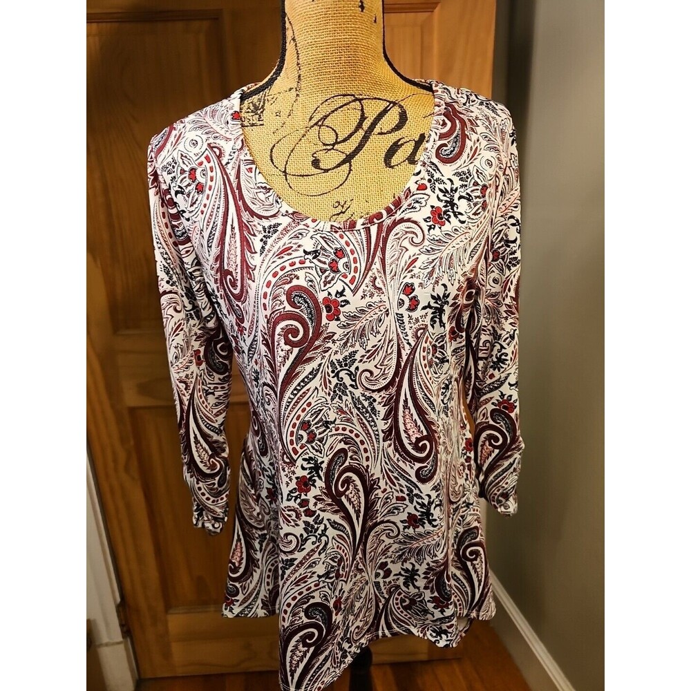 Women's Flowing Blouse Black Maroon White Size 8 10 Dressy Casual Long Sleeve